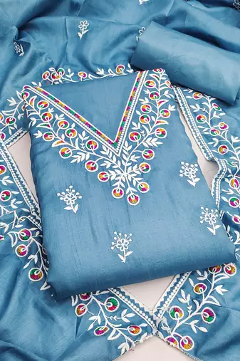 women's steel blue unstitched jalpari cotton dress material with embroidered dupatta