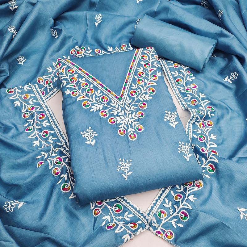women's steel blue unstitched jalpari cotton dress material with embroidered dupatta