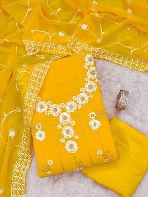 women's yellow unstitched georgette dress material with embroidered dupatta 3