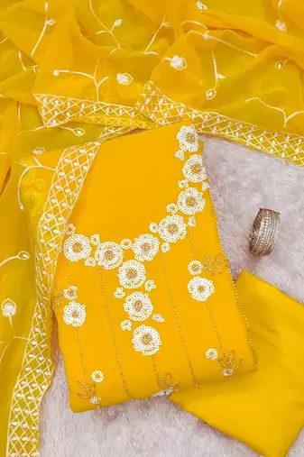 women's yellow unstitched georgette dress material with embroidered dupatta
