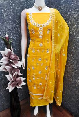 women's yellow unstitched georgette dress material with embroidered dupatta 4