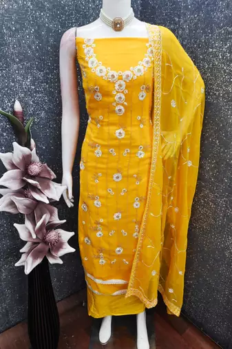 women's yellow unstitched georgette dress material with embroidered dupatta