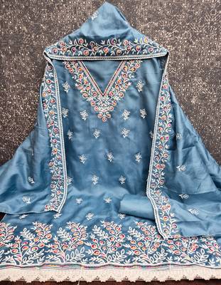 women's steel blue unstitched jalpari cotton dress material with embroidered dupatta 2