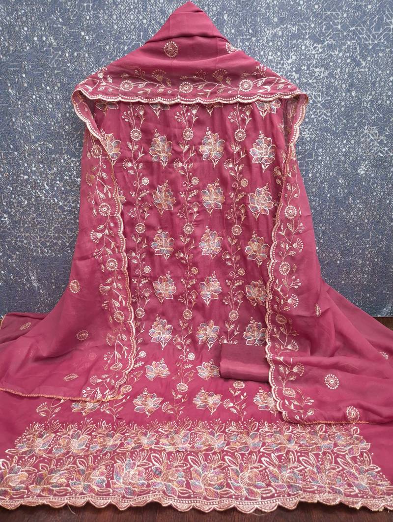 women's purple unstitched georgette dress material with embroidered dupatta