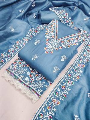 women's steel blue unstitched jalpari cotton dress material with embroidered dupatta 3