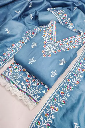 women's steel blue unstitched jalpari cotton dress material with embroidered dupatta