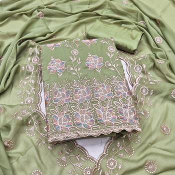 women's olive green unstitched georgette dress material with embroidered dupatta 1