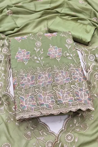 women's olive green unstitched georgette dress material with embroidered dupatta