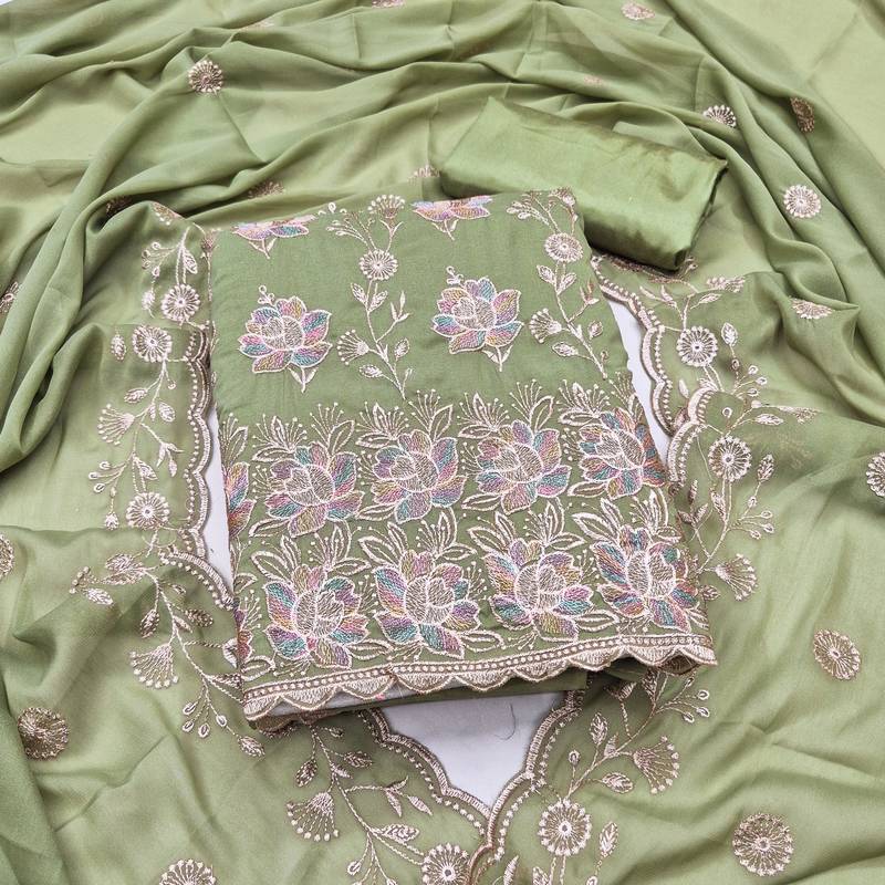 women's olive green unstitched georgette dress material with embroidered dupatta