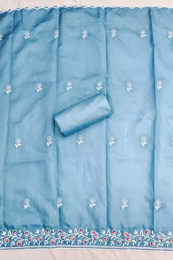 women's steel blue unstitched jalpari cotton dress material with embroidered dupatta