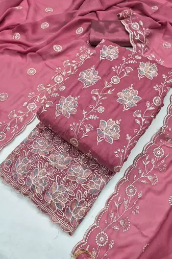 women's purple unstitched georgette dress material with embroidered dupatta