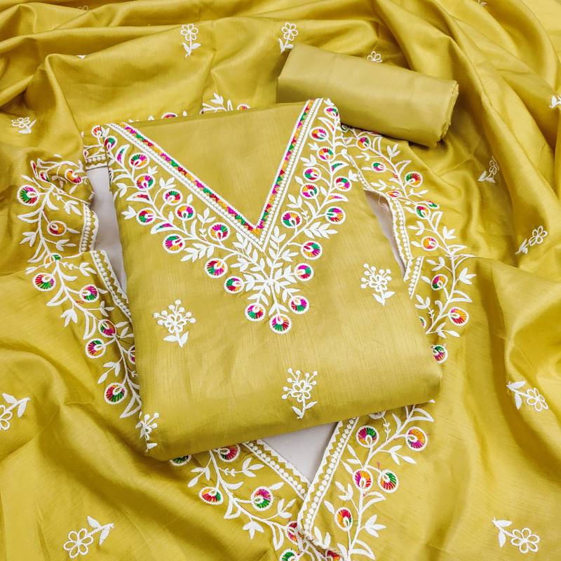 women's light green unstitched jalpari cotton dress material with embroidery dupatta