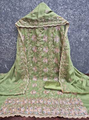 women's olive green unstitched georgette dress material with embroidered dupatta 2