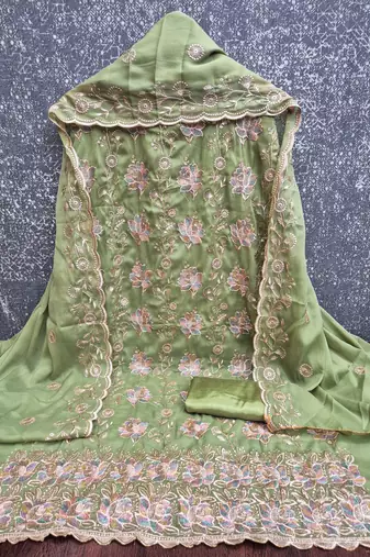 women's olive green unstitched georgette dress material with embroidered dupatta