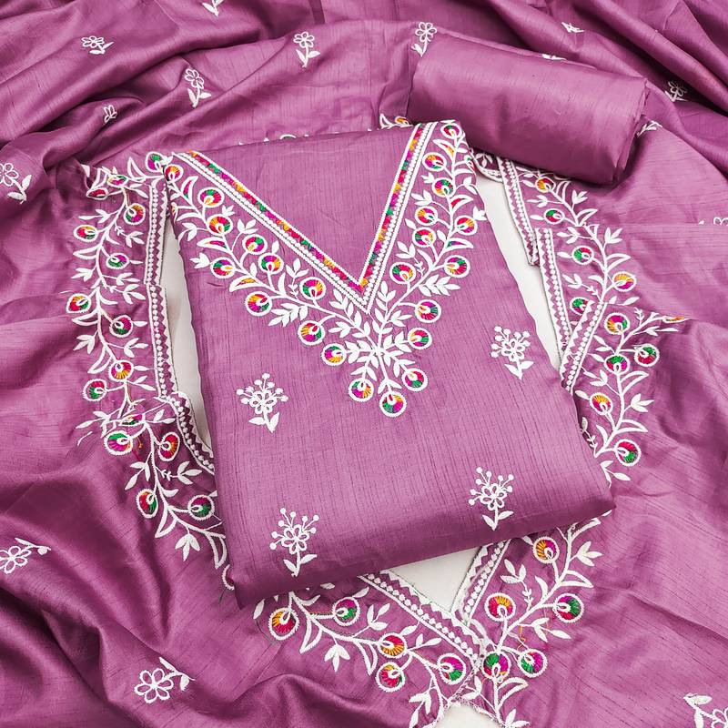 women's lavender unstitched jalpari cotton dress material with embroidered dupatta