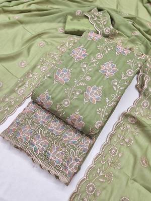women's olive green unstitched georgette dress material with embroidered dupatta 3