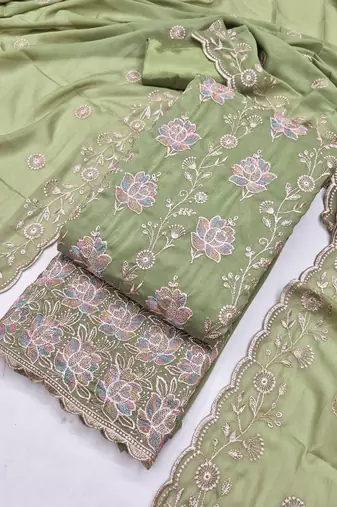 women's olive green unstitched georgette dress material with embroidered dupatta
