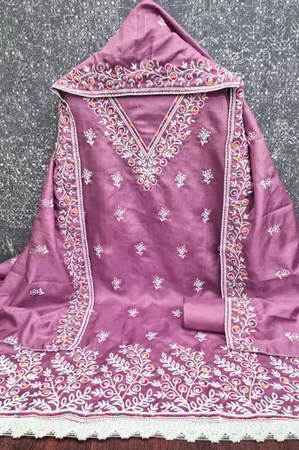 women's lavender unstitched jalpari cotton dress material with embroidered dupatta