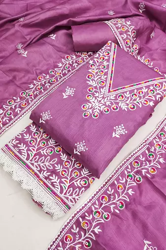 women's lavender unstitched jalpari cotton dress material with embroidered dupatta