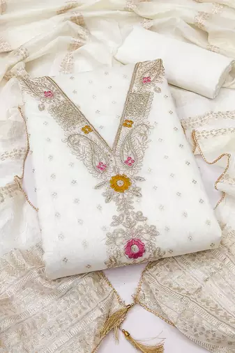 women's white unstitched chanderi cotton dress material with emblished dupatta