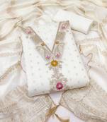 women's white unstitched chanderi cotton dress material with emblished dupatta