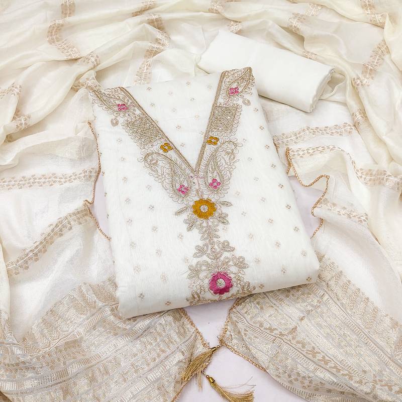 women's white unstitched chanderi cotton dress material with emblished dupatta