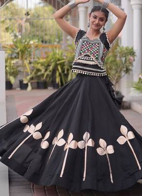 Navratri Roman Silk Lehenga Choli with Pan Patti Gota & Mirror Lace Work - free size 5