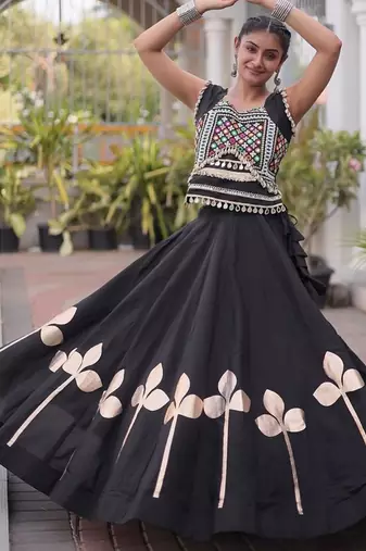 Navratri Roman Silk Lehenga Choli with Pan Patti Gota & Mirror Lace Work - free size