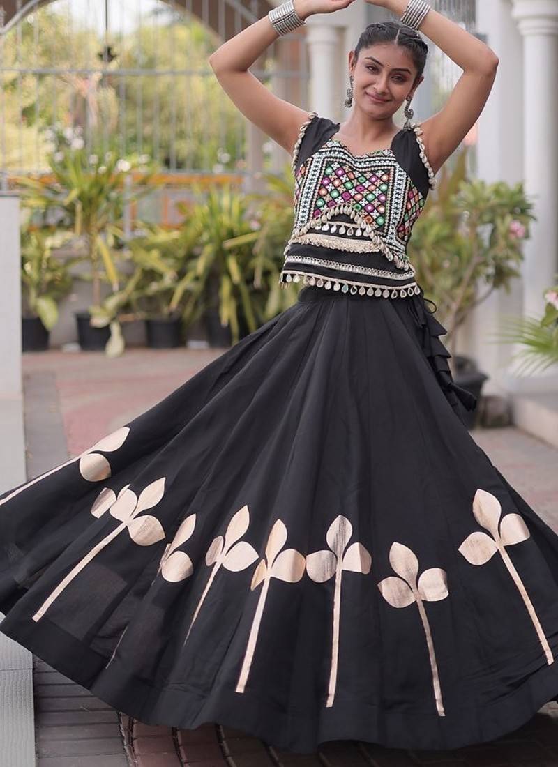 Navratri Roman Silk Lehenga Choli with Pan Patti Gota & Mirror Lace Work - free size