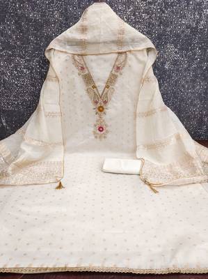 women's white unstitched chanderi cotton dress material with emblished dupatta 2