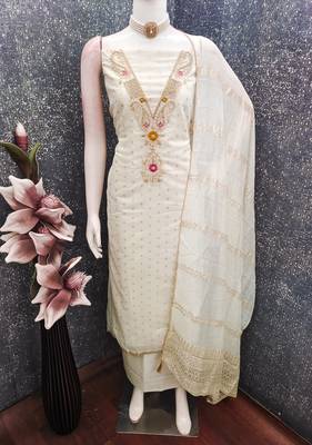 women's white unstitched chanderi cotton dress material with emblished dupatta 3