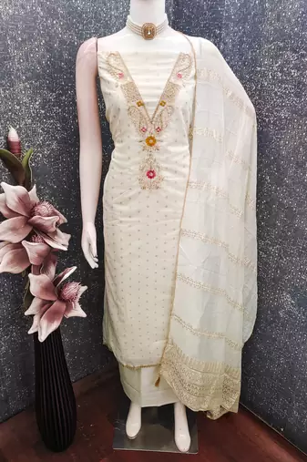 women's white unstitched chanderi cotton dress material with emblished dupatta