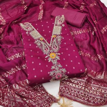 women's magenta unstitched chanderi cotton dress material with emblished dupatta 1