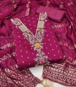 women's magenta unstitched chanderi cotton dress material with emblished dupatta