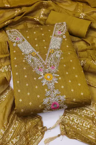 women's green unstitched chanderi cotton dress material with emblished dupatta