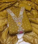 women's green unstitched chanderi cotton dress material with emblished dupatta