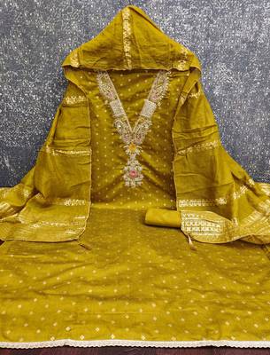 women's green unstitched chanderi cotton dress material with emblished dupatta 2