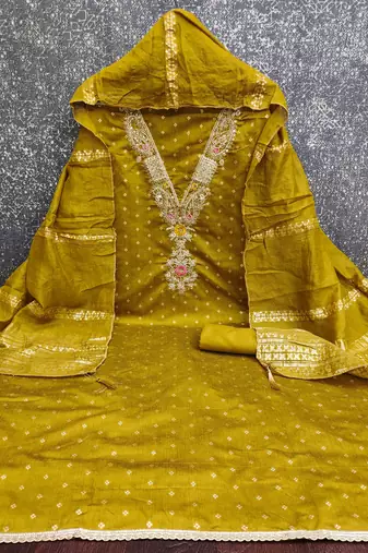 women's green unstitched chanderi cotton dress material with emblished dupatta