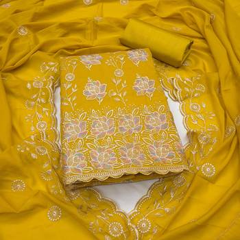 women's mustard unstitched georgette dress material with embroidered dupatta 1