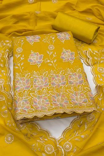 women's mustard unstitched georgette dress material with embroidered dupatta