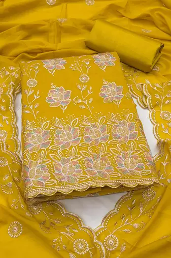 women's mustard unstitched georgette dress material with embroidered dupatta