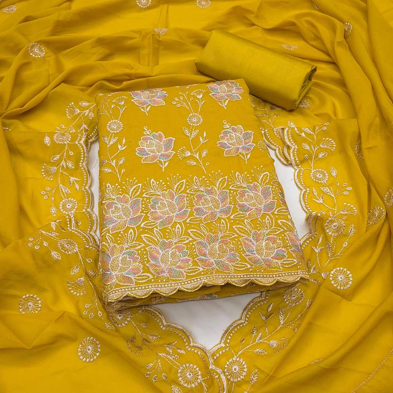 women's mustard unstitched georgette dress material with embroidered dupatta