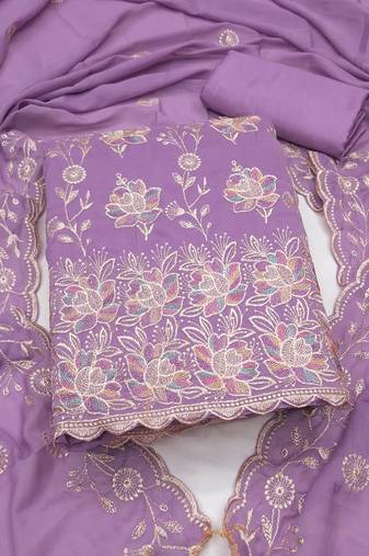 women's lavender unstitched georgette dress material with embroidered dupatta