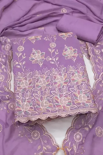 women's lavender unstitched georgette dress material with embroidered dupatta
