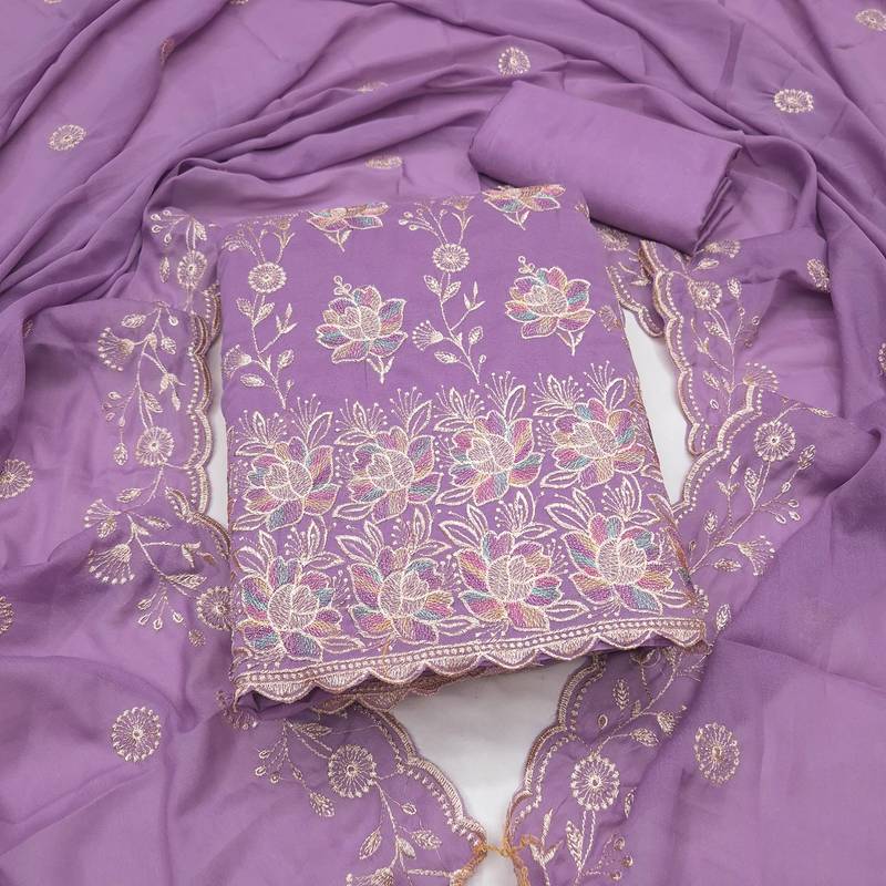 women's lavender unstitched georgette dress material with embroidered dupatta