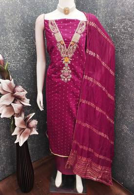 women's magenta unstitched chanderi cotton dress material with emblished dupatta 3