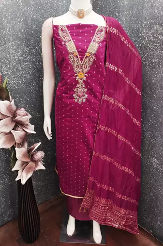 women's magenta unstitched chanderi cotton dress material with emblished dupatta