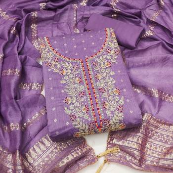 women's voilet unstitched chanderi cotton dress material with emblished dupatta 1