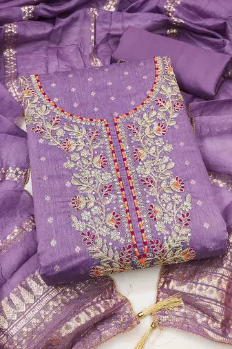 women's voilet unstitched chanderi cotton dress material with emblished dupatta