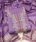 women's voilet unstitched chanderi cotton dress material with emblished dupatta